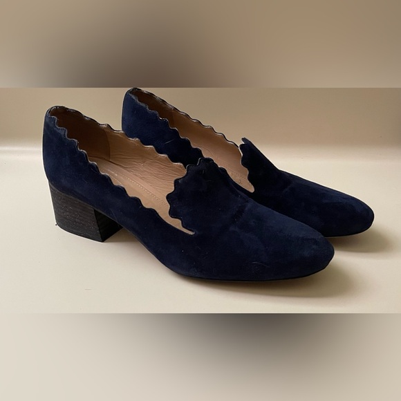 Chloe Lauren navy blue suede scalloped block heel loafers size 38
